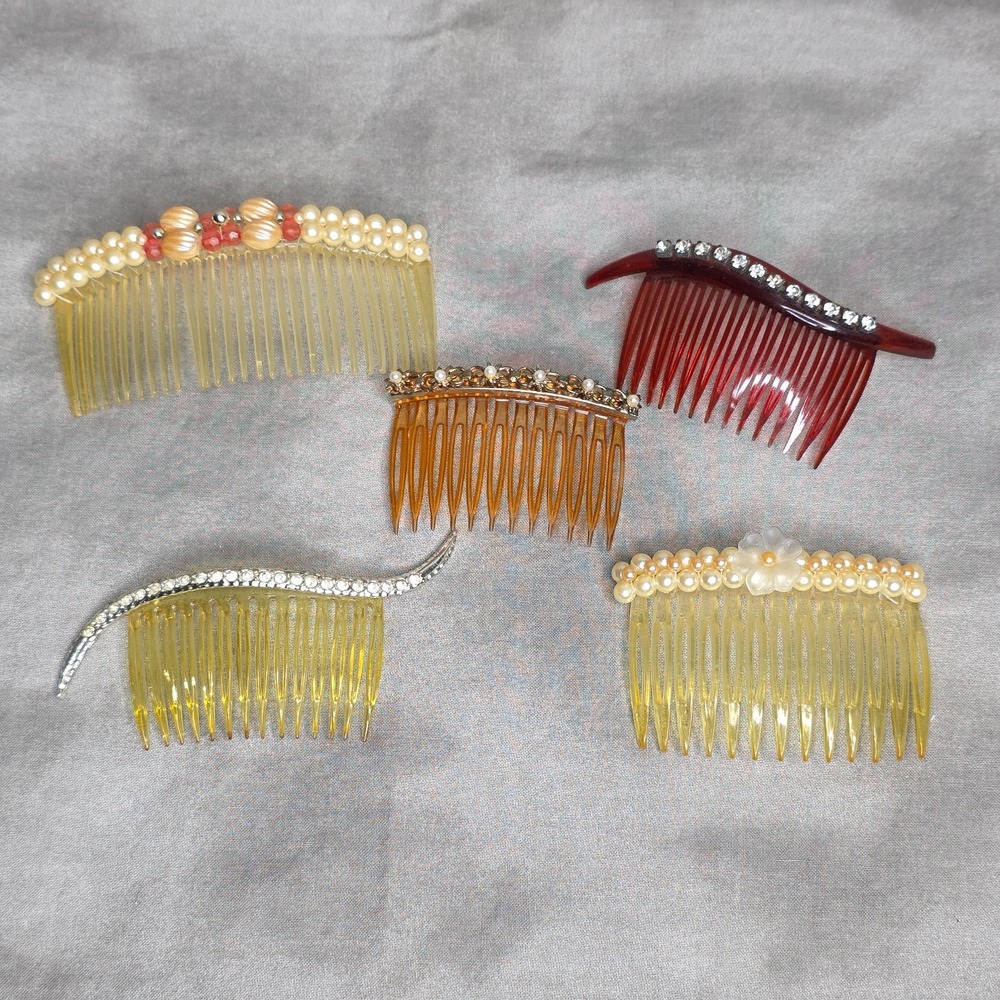 Hair Comb Lot of 5 -‎ Celluloid, Acrylic, Rhinestones, Bridal, Pearls Vintage